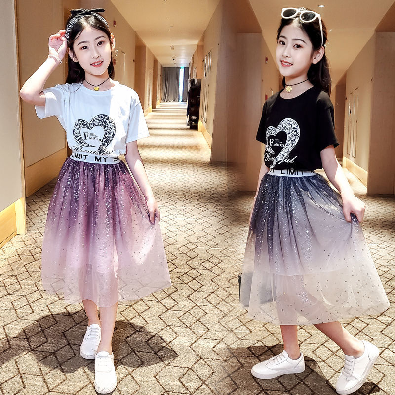 女童套裝夏裝2022新款洋氣半身裙小女孩網紗裙子中長款短袖兩件套