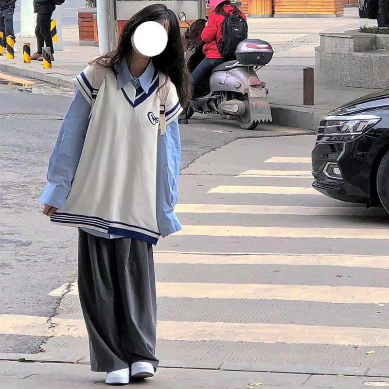 【兩件套裝】春秋寬鬆顯瘦拼色條紋V領毛衣馬甲背心韓版百搭襯衫