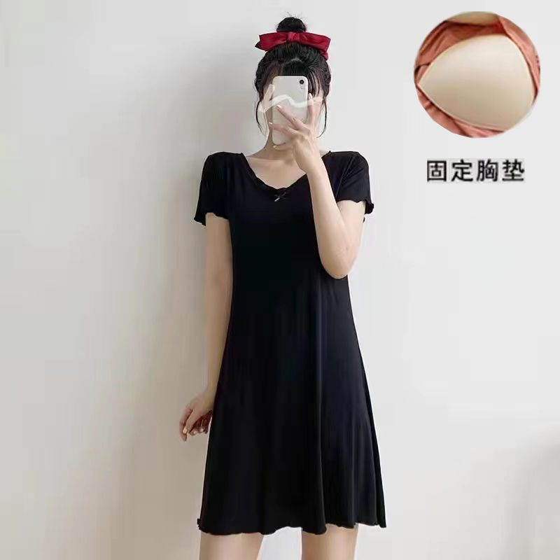 Nightdress ladies summer modal cotton with chest pad one-piece short-sleeved loose large size pajamas home clothes can be worn outside
