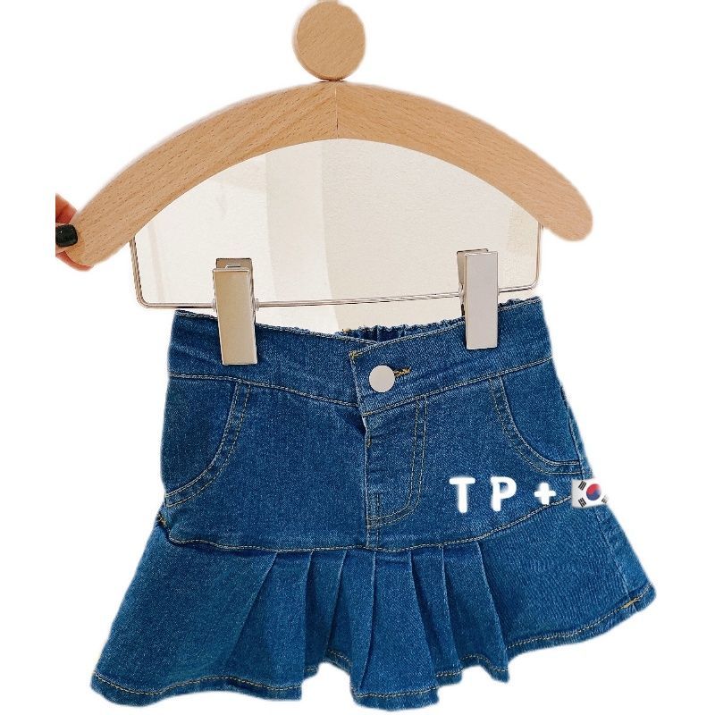 Korean children's clothing girls  spring new stretch denim pleated culottes foreign style baby blue skirt
