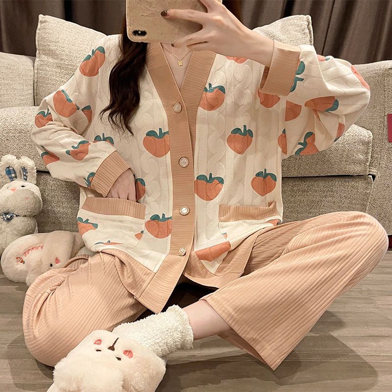 新款睡衣女春秋季長袖夏天可愛網紅可外穿寬鬆開衫套裝家居服冬天