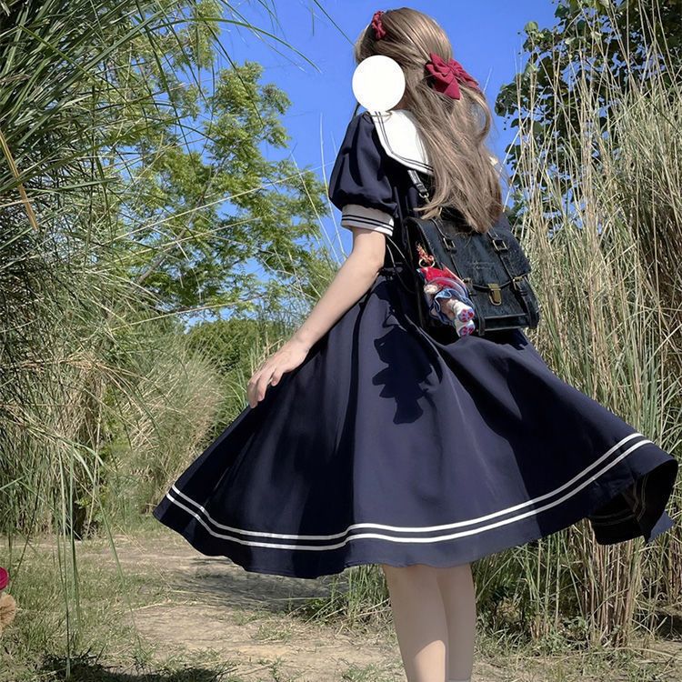 夏季学院风甜美短袖连衣裙海军领jk女学生韩版显瘦中长款a字裙子
