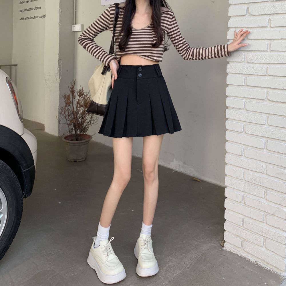 A-line skirt high-waisted gray pleated skirt  new slimming butt-covering short skirt college style skirt for women