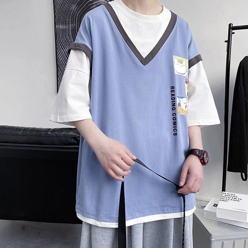 Hong Kong style short-sleeved men's summer tide brand Harajuku style half-sleeved fake two-piece T-shirt ins trend all-match loose clothes T-shirt