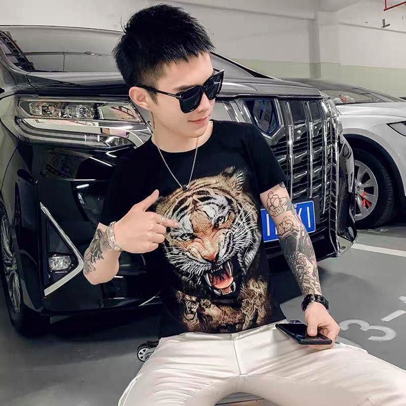 社会精神小伙短袖男t恤潮流老虎头印花衣服个性霸气紧身潮牌半袖