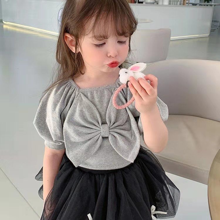 Girls' summer clothes 2022 new bowknot short-sleeved tops Korean version of children's cotton T-shirts for children's foreign style bottoming shirts
