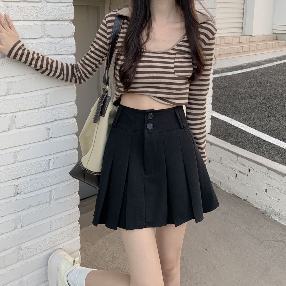 A-line skirt high-waisted gray pleated skirt  new slimming butt-covering short skirt college style skirt for women