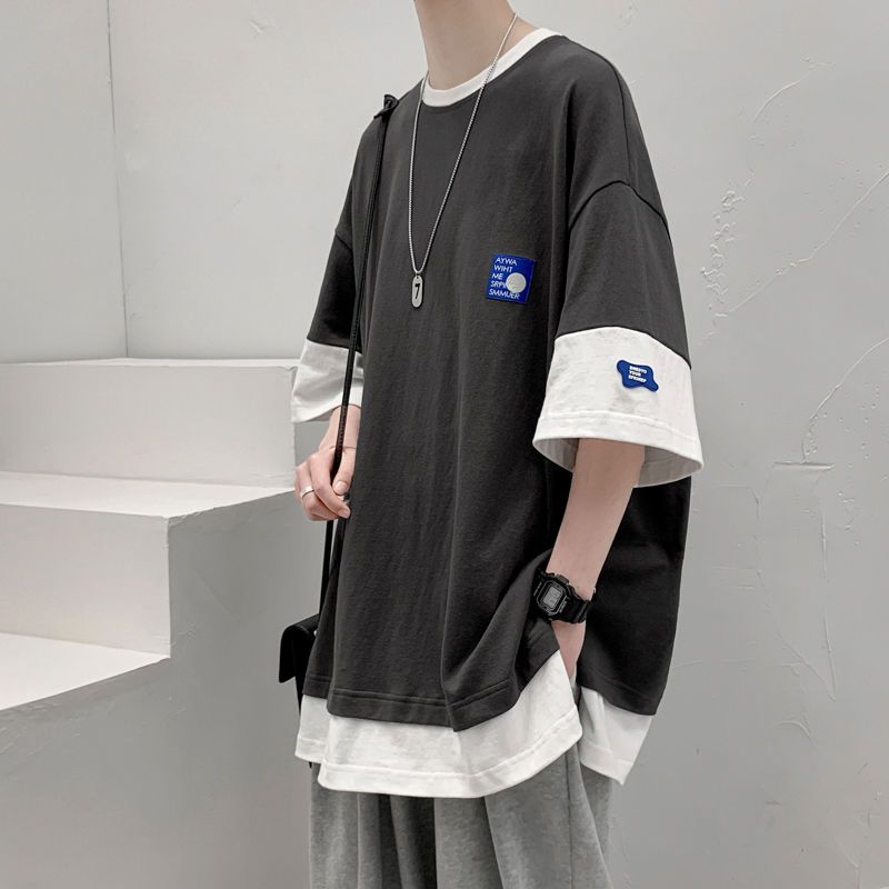 Hong Kong style short-sleeved men's summer tide brand Harajuku style half-sleeved fake two-piece T-shirt ins trend all-match loose clothes T-shirt