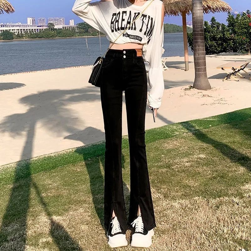 Women's spring and autumn 2023 new high-waist elastic slim-fit black slit micro-launched jeans