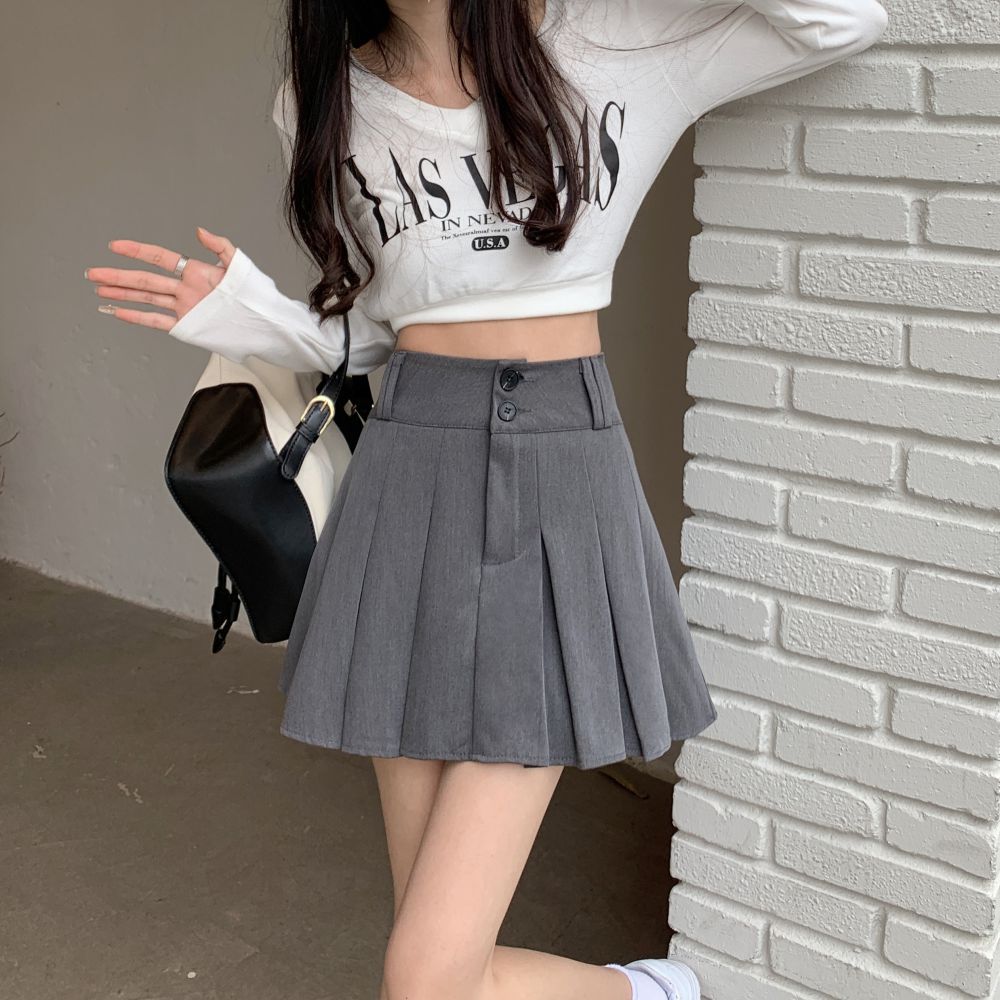 A-line skirt high-waisted gray pleated skirt  new slimming butt-covering short skirt college style skirt for women