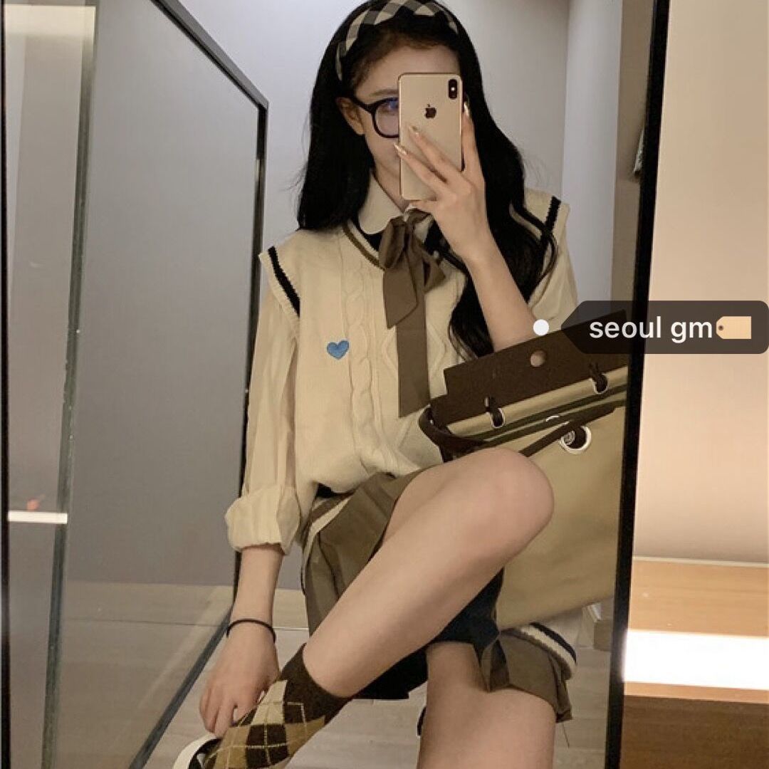 三件套裝/單件日系學院風針織馬甲女毛衣背心+長袖襯衫+百褶裙子