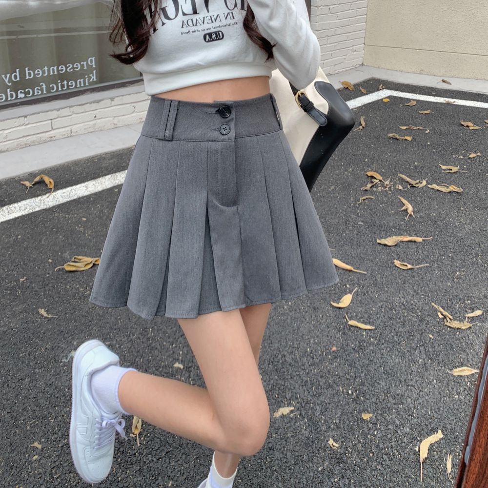 A-line skirt high-waisted gray pleated skirt  new slimming butt-covering short skirt college style skirt for women