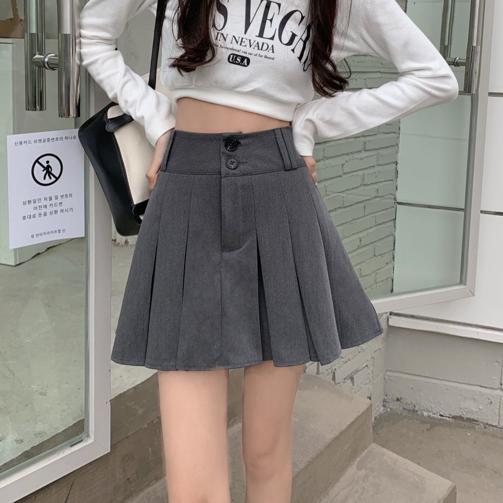 A-line skirt high-waisted gray pleated skirt  new slimming butt-covering short skirt college style skirt for women