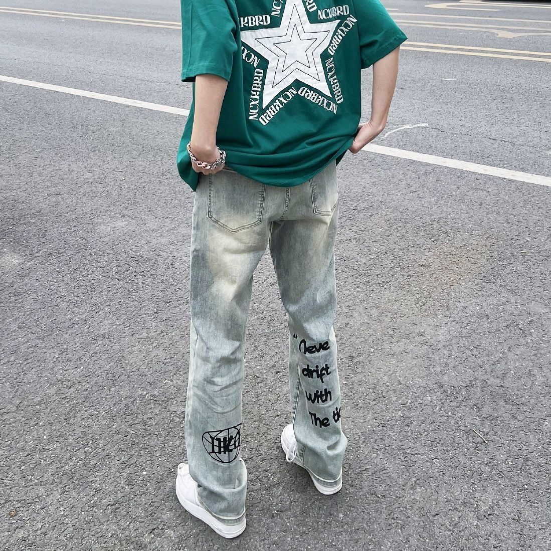 美式復古街頭黃泥染水洗hiphop印花牛仔褲男ins高街顯瘦直筒褲子