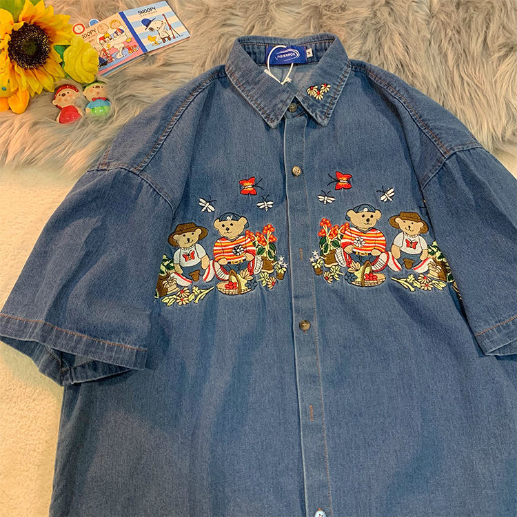 2023 summer retro bear embroidered washed denim shirt ins trend versatile loose bf casual top for women