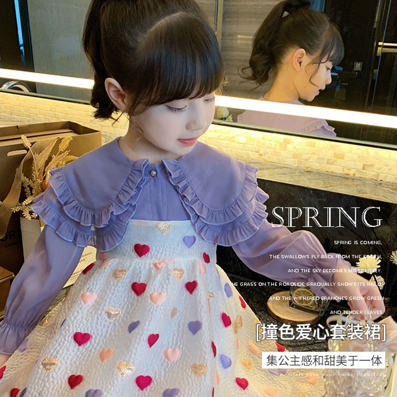 Girls suit suspenders skirt new little girl spring and summer purple long-sleeved shirt vest skirt two-piece love skirt
