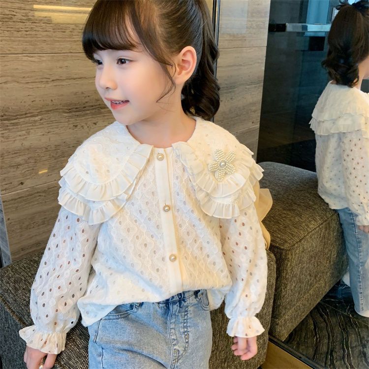 Girls shirt 2023 new foreign style spring dress long-sleeved children's white shirt little girl doll collar lace shirt