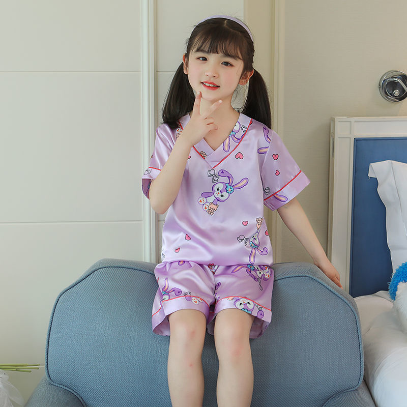 女童睡衣夏季星黛露薄款冰絲短袖兒童女小孩大童寶寶家居服套裝