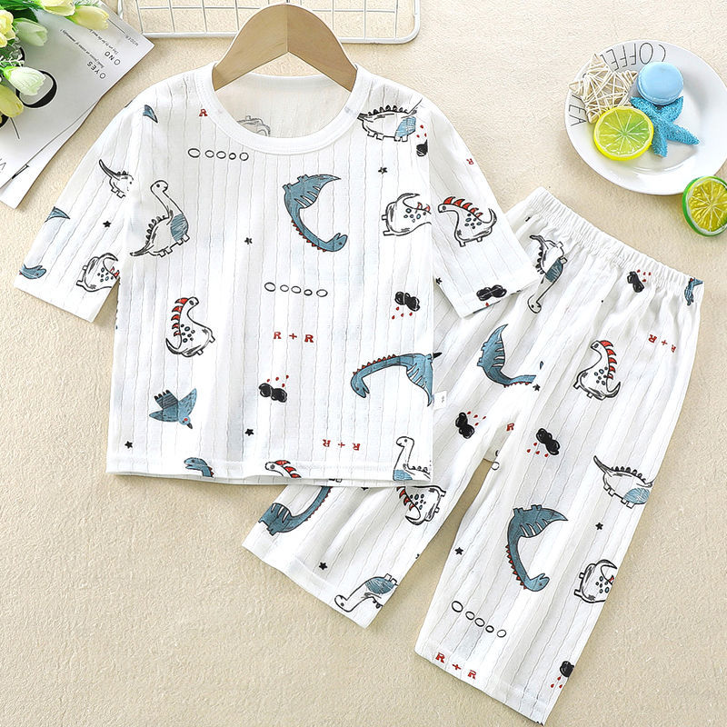 Summer children's home clothes Set Boys' and girls' thin pyjamas middle and young children's breathable sweat absorbing seven sleeve air conditioning clothes