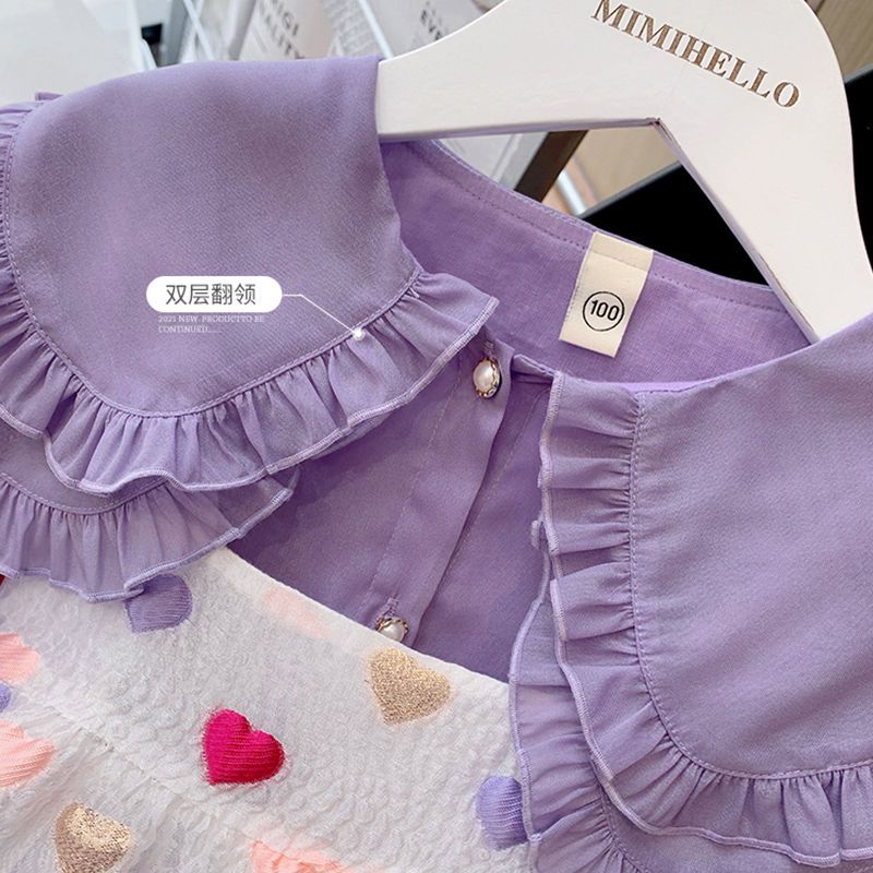 Girls suit suspenders skirt new little girl spring and summer purple long-sleeved shirt vest skirt two-piece love skirt