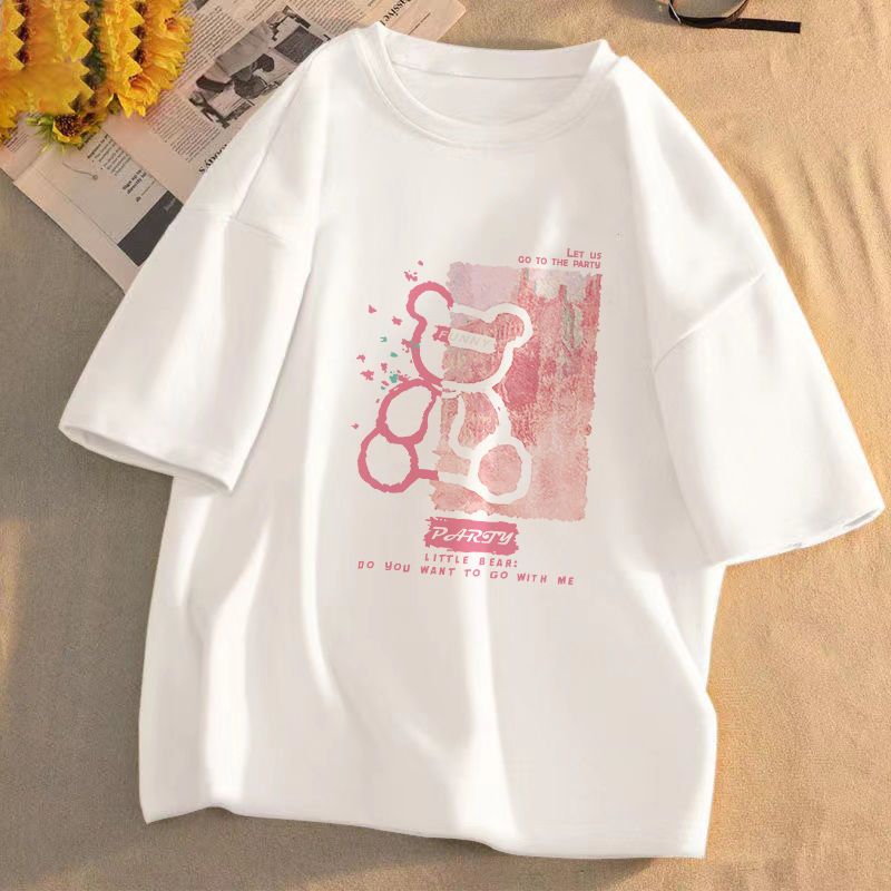 Short-sleeved t-shirt women's 2022 summer new print student loose Korean version round neck salt system all-match clothes trend