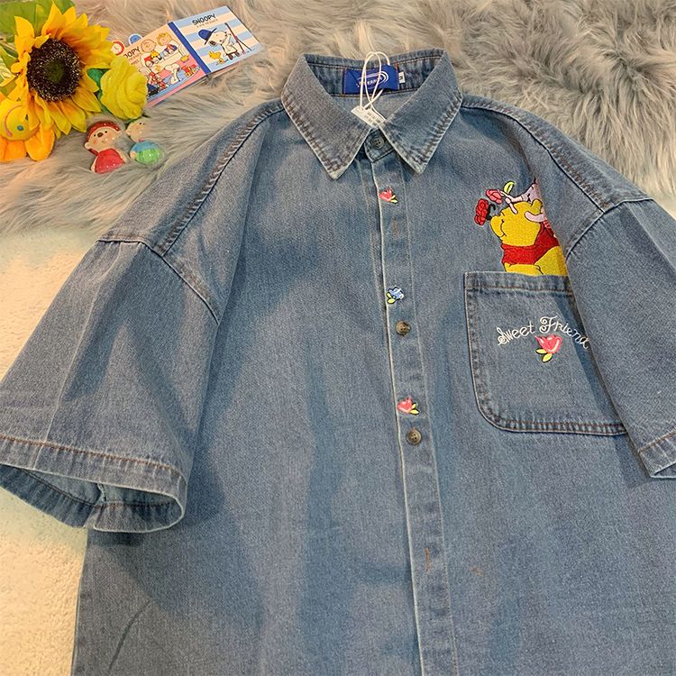 Japanese retro Winnie the Pooh embroidered denim shirt ins2023 summer Korean style loose old washed shirt for women