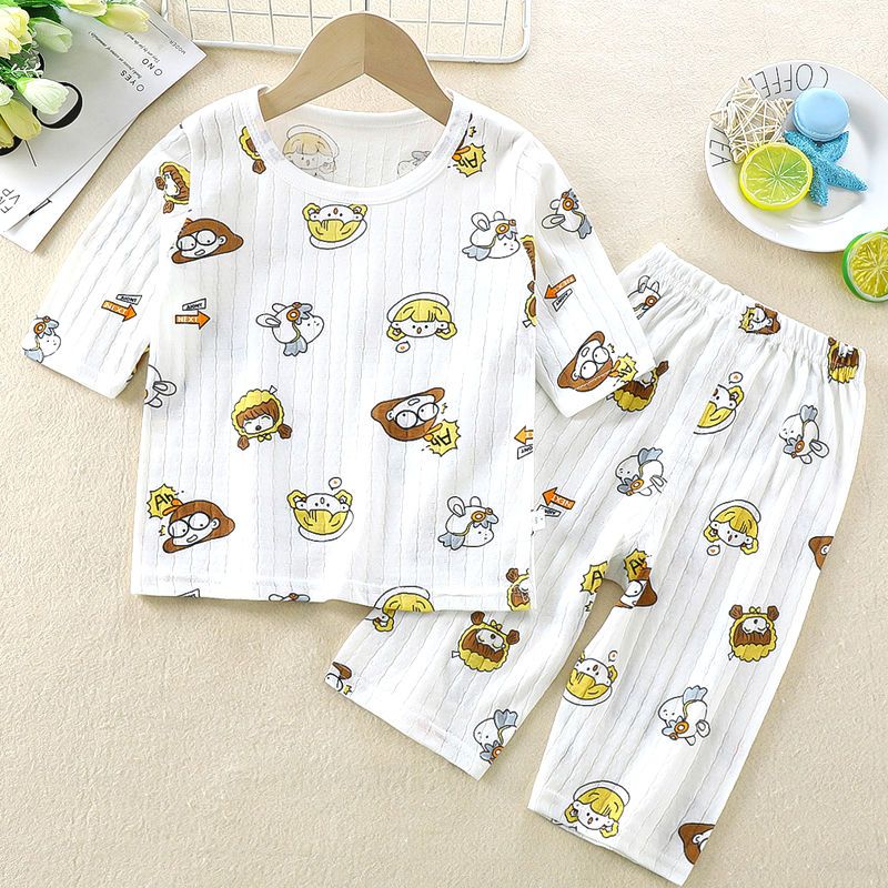 Summer children's home clothes Set Boys' and girls' thin pyjamas middle and young children's breathable sweat absorbing seven sleeve air conditioning clothes