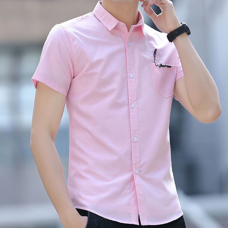 2023夏季男士短袖衬衫韩版潮流时尚刺绣衬衣修身上班男装职业寸衫