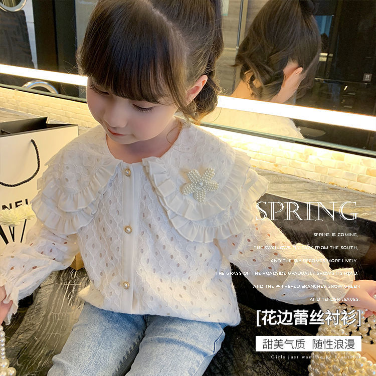 Girls shirt 2023 new foreign style spring dress long-sleeved children's white shirt little girl doll collar lace shirt