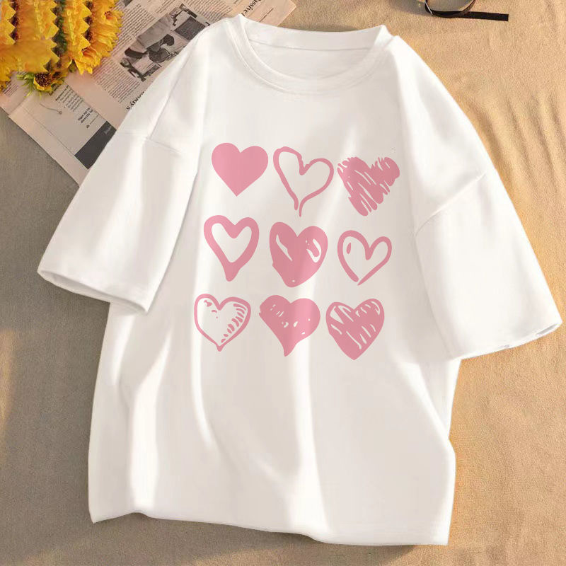 Short-sleeved t-shirt women's 2022 summer new print student loose Korean version round neck salt system all-match clothes trend