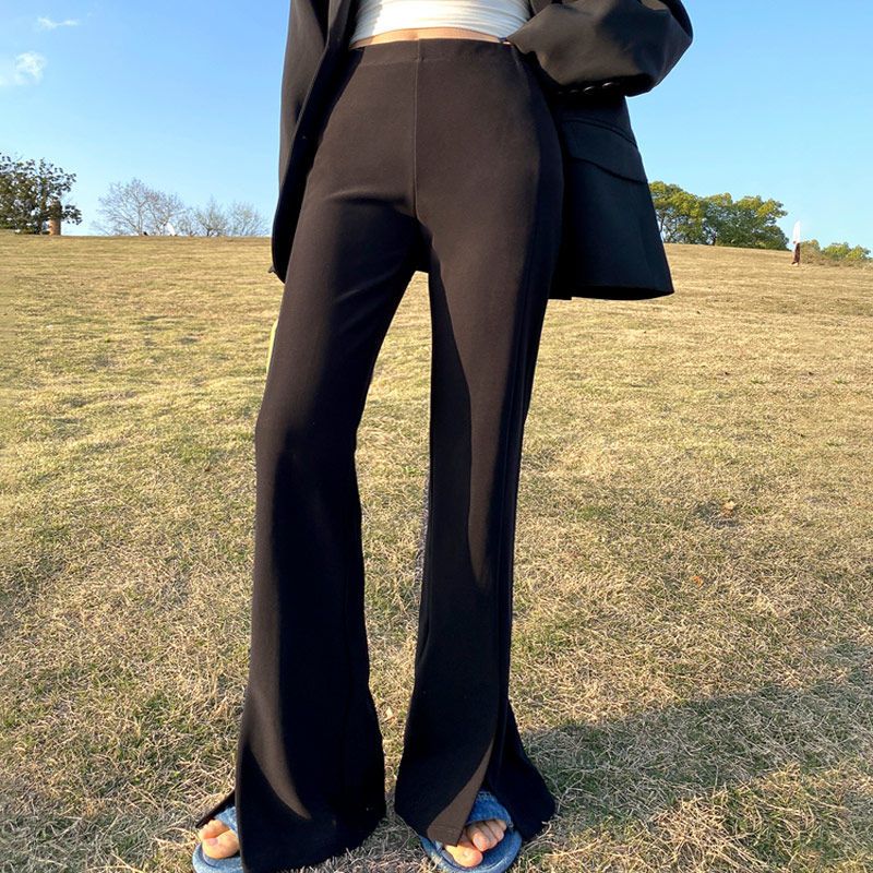 Large size fat mm black slit flared pants women's lengthened high waist slimming 200 catties tall suit mopping trousers