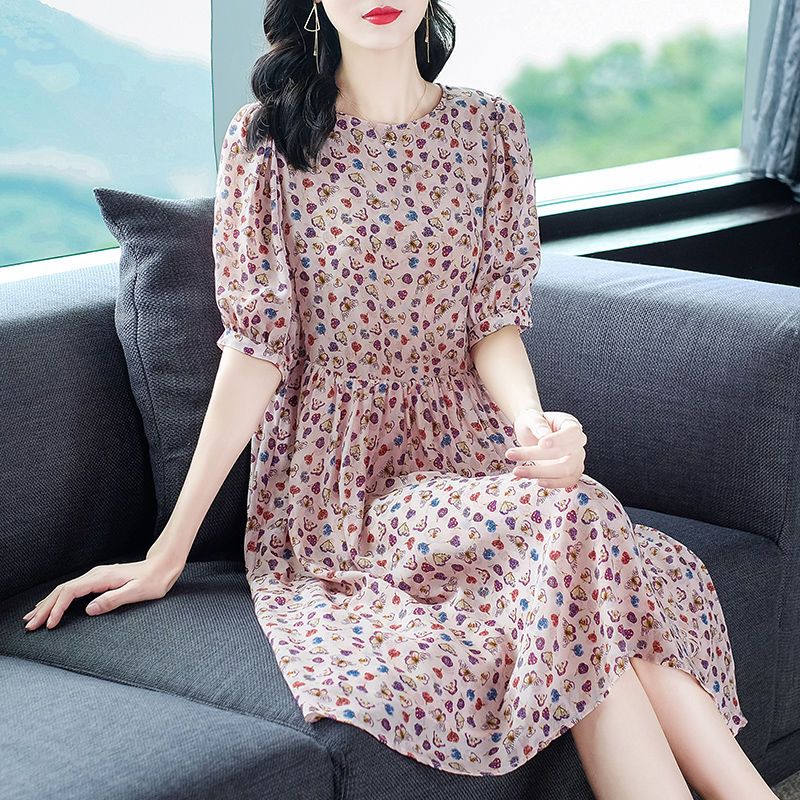 寬鬆顯瘦氣質碎花桑蠶絲連衣裙2023春夏新款泡泡袖真絲印花中長裙