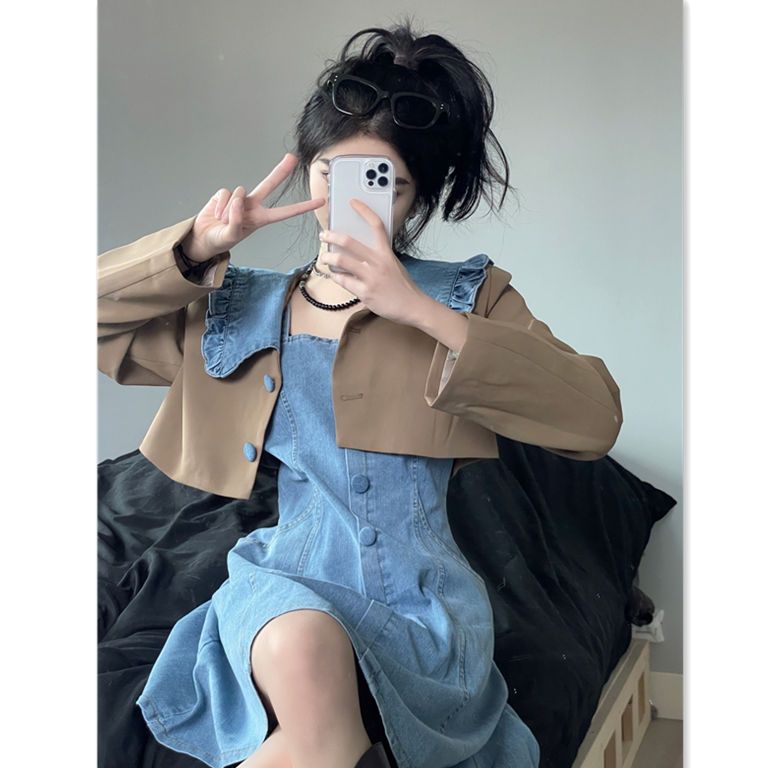 [Two-piece suit] Chic long-sleeved short suit jacket Korean denim suspender skirt versatile dress