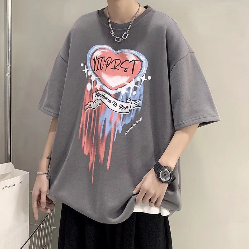 2022 t-shirt men's short sleeve fashion brand loose summer clothes ins trend versatile Hong Kong Style lovers' 5-sleeve set