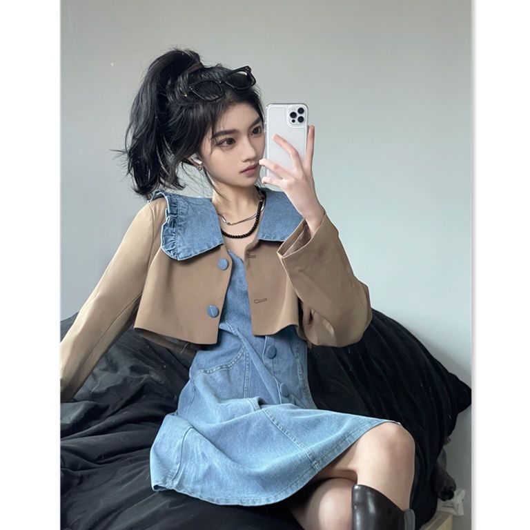 [Two-piece suit] Chic long-sleeved short suit jacket Korean denim suspender skirt versatile dress