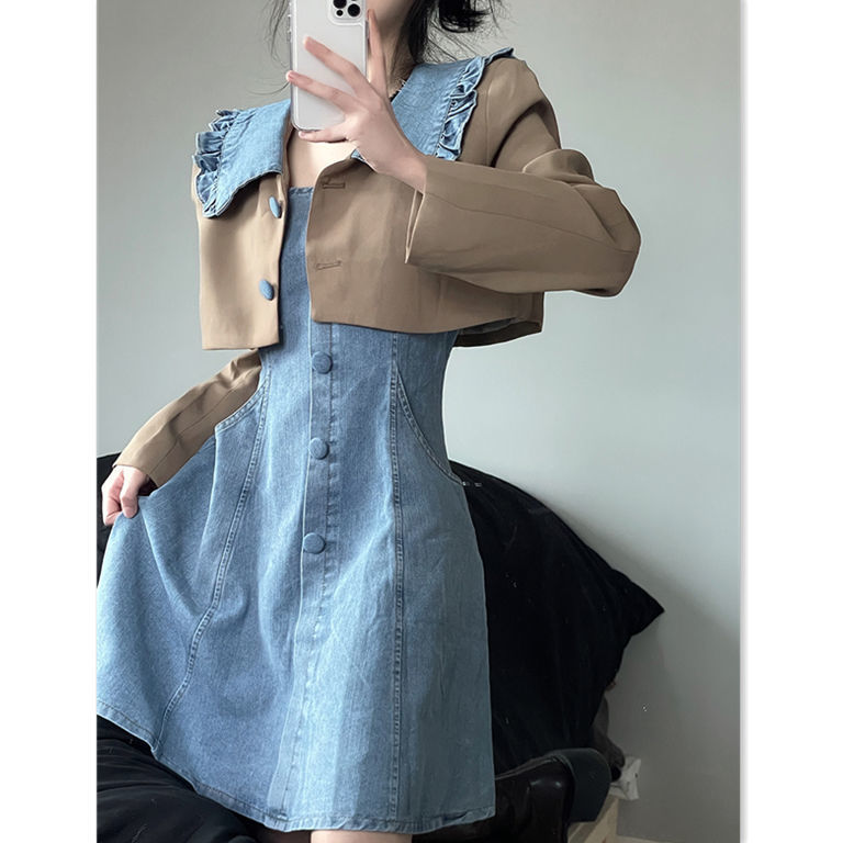 [Two-piece suit] Chic long-sleeved short suit jacket Korean denim suspender skirt versatile dress