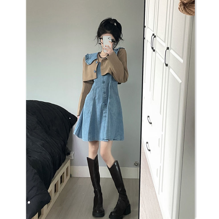 [Two-piece suit] Chic long-sleeved short suit jacket Korean denim suspender skirt versatile dress