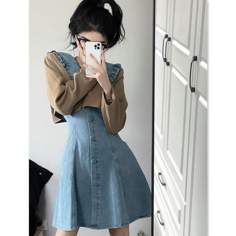 [Two-piece suit] Chic long-sleeved short suit jacket Korean denim suspender skirt versatile dress