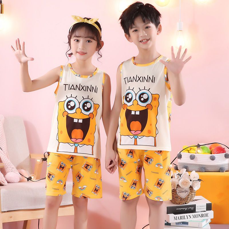 3-14 years old children's summer sleeveless short pajamas little boys and girls cartoon thin section medium and big children's home clothes set