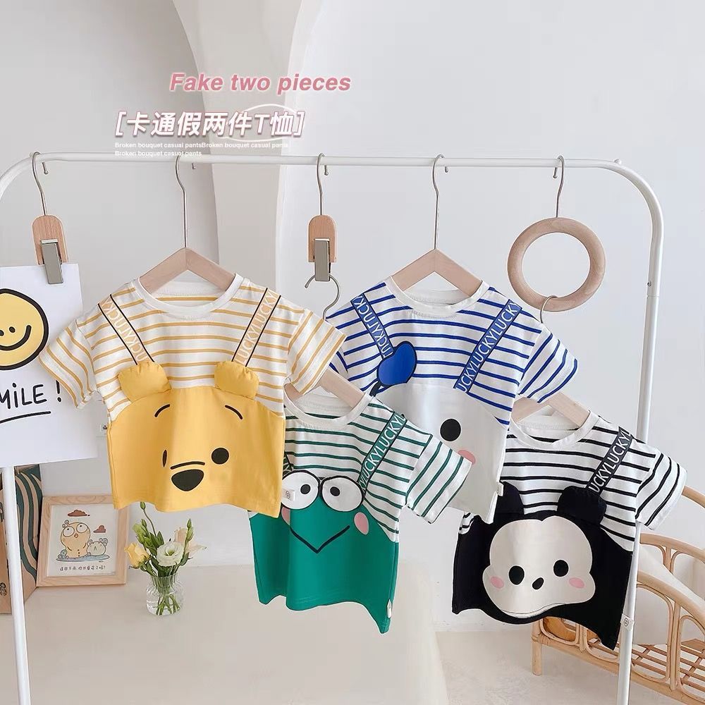 Summer new boys' short-sleeved t-shirt fake two pieces of foreign style half-sleeved cartoon pure cotton children's boys baby children