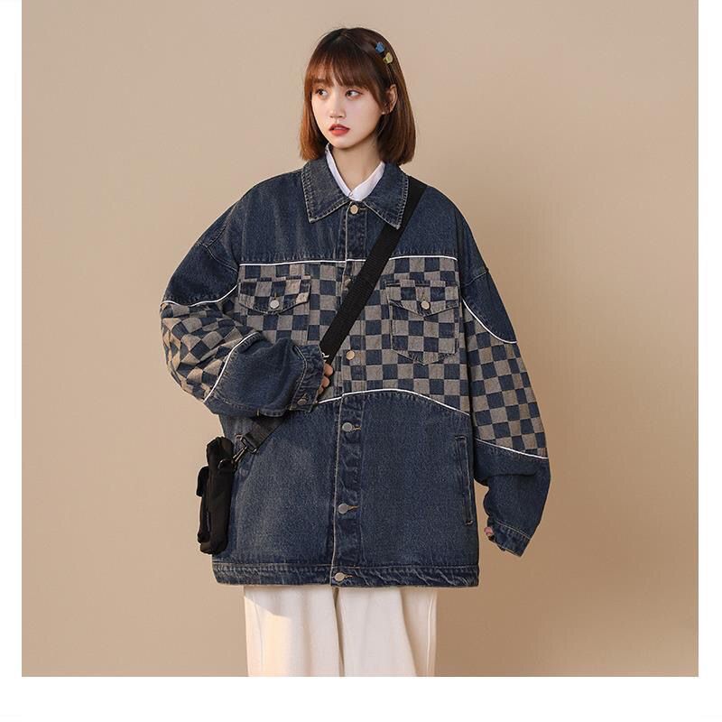 Washed denim jacket women's design sense niche checkerboard patchwork bomber  New Vintage Port style top