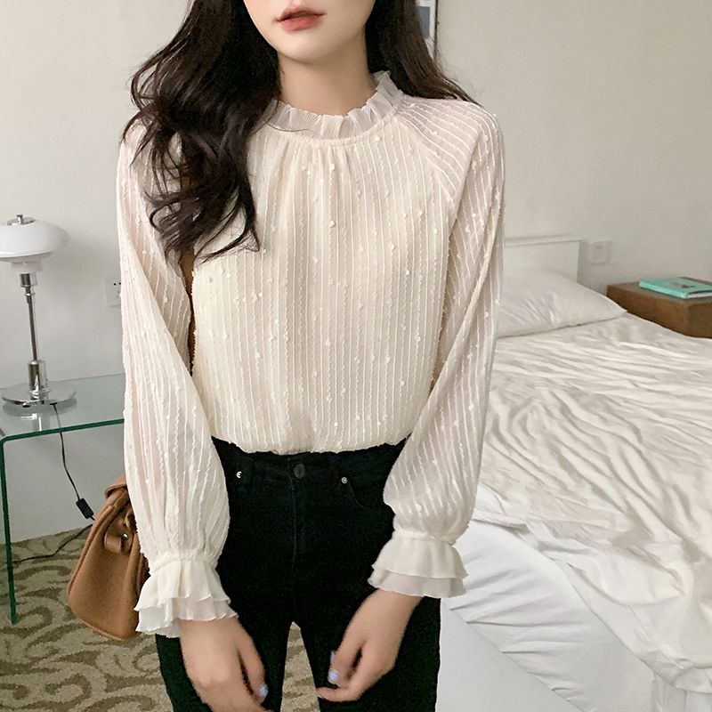 春季雪紡衫女春秋新款立領百搭打底小衫淑女氣質內搭襯衣t恤上衣