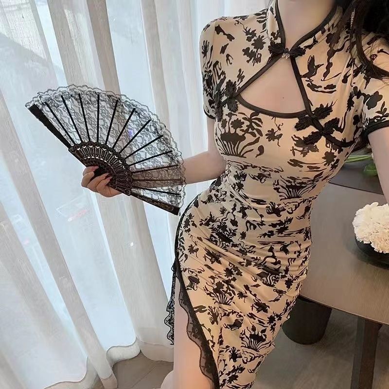 Cheongsam women's improved young style French temperament retro first love skirt waist slimming lace bag hip print dress