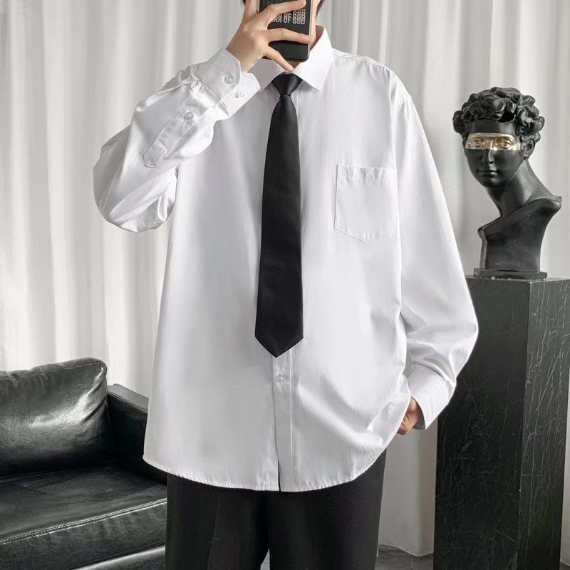 Student white shirt men's long-sleeved literary temperament handsome ins Hong Kong style loose casual high-end uniform short-sleeved shirt