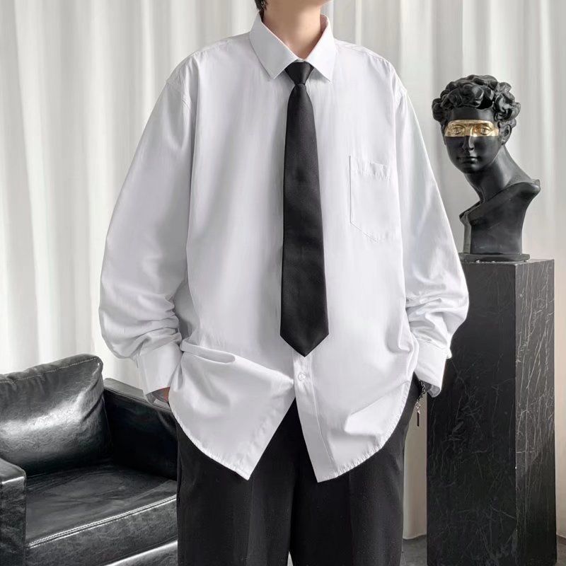 Student white shirt men's long-sleeved literary temperament handsome ins Hong Kong style loose casual high-end uniform short-sleeved shirt