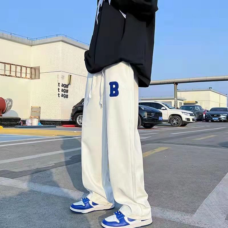 華夫格褲子男春季韓版潮流ins直筒闊腿休閒長褲高街寬鬆運動衛褲