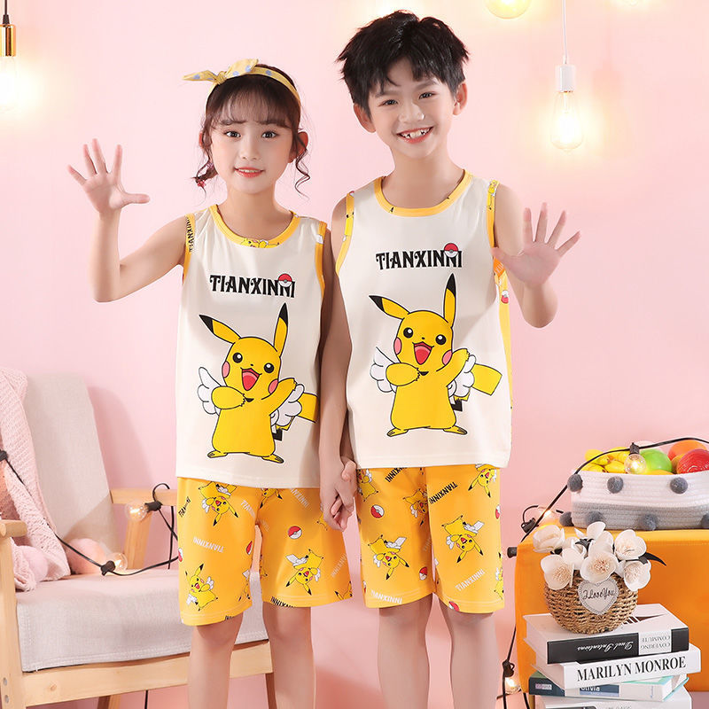 3-14 years old children's summer sleeveless short pajamas little boys and girls cartoon thin section medium and big children's home clothes set