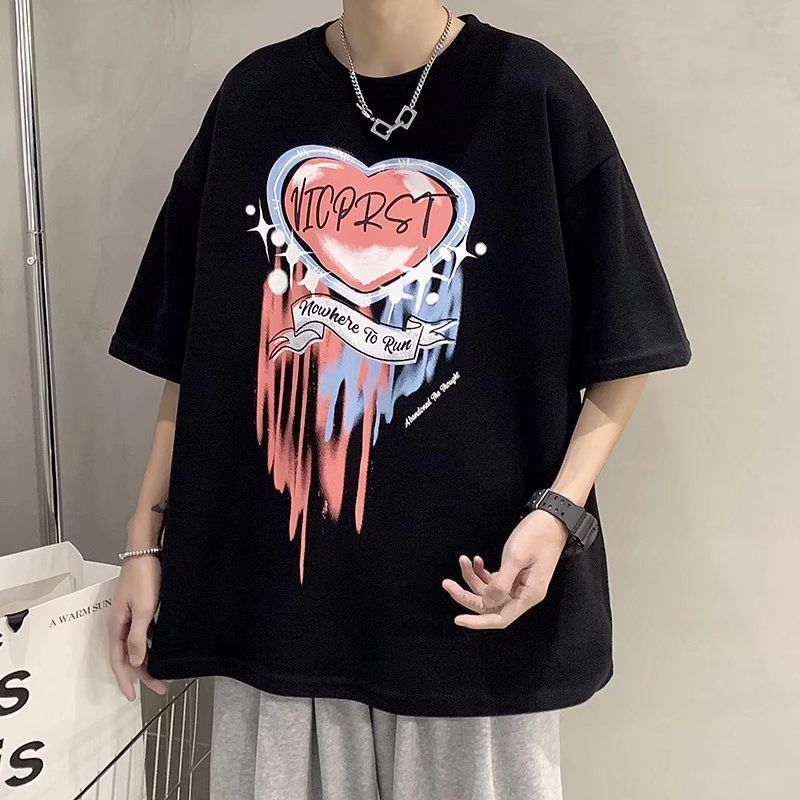 2022 t-shirt men's short sleeve fashion brand loose summer clothes ins trend versatile Hong Kong Style lovers' 5-sleeve set