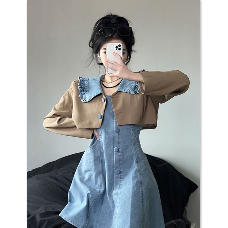 [Two-piece suit] Chic long-sleeved short suit jacket Korean denim suspender skirt versatile dress