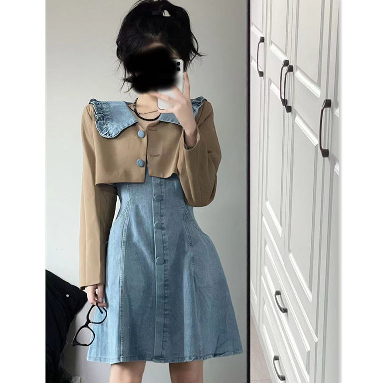 [Two-piece suit] Chic long-sleeved short suit jacket Korean denim suspender skirt versatile dress